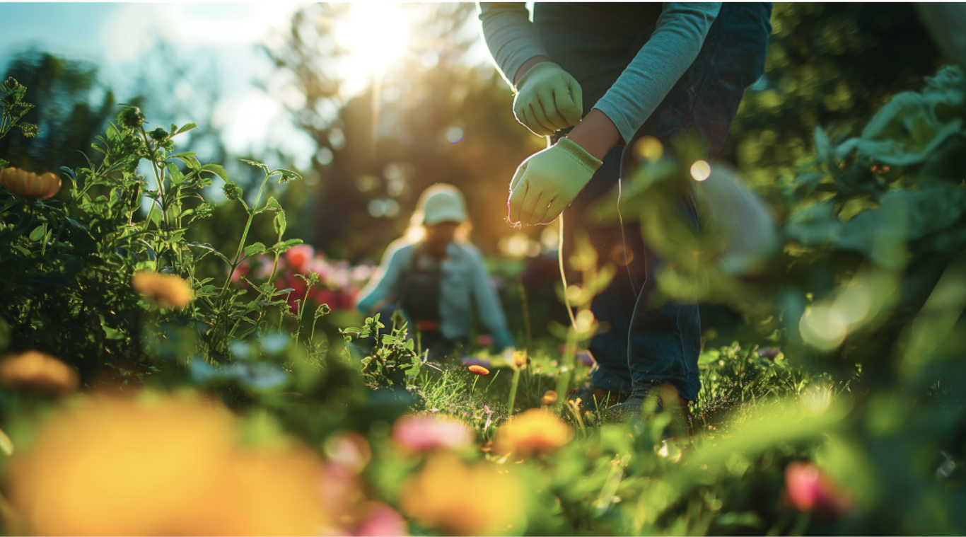 Människor som arbetar i trädgården i solbelyst blomsterträdgård, förgrunden fokuserad på färgglada blommor, bakgrunden visar trädgårdsmästare som sköter växter.